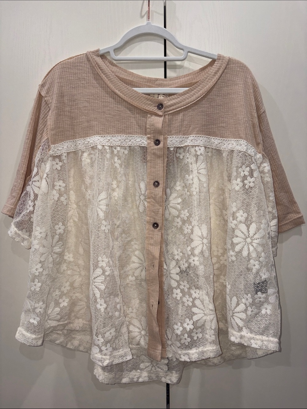 POL Blush and Ivory Lace Button-Front Top